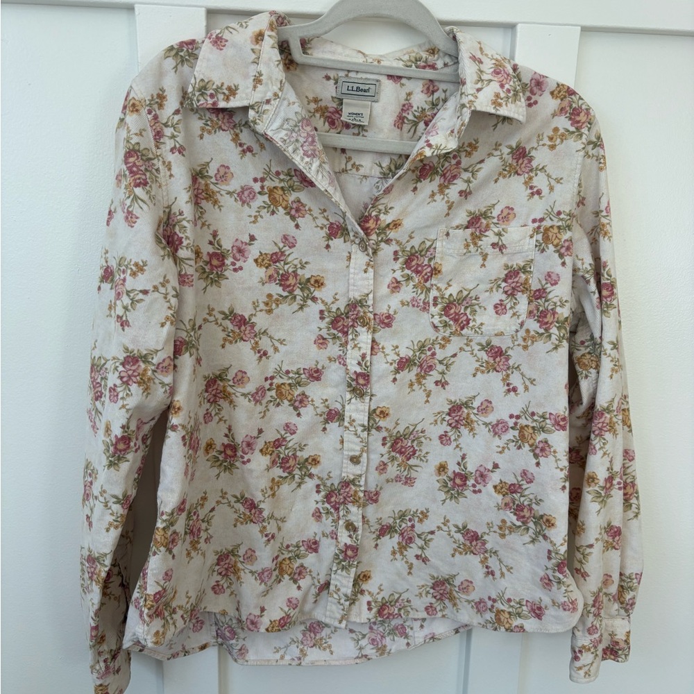 L.L. Bean Floral Corduroy Shirt - Pink and Green size large
